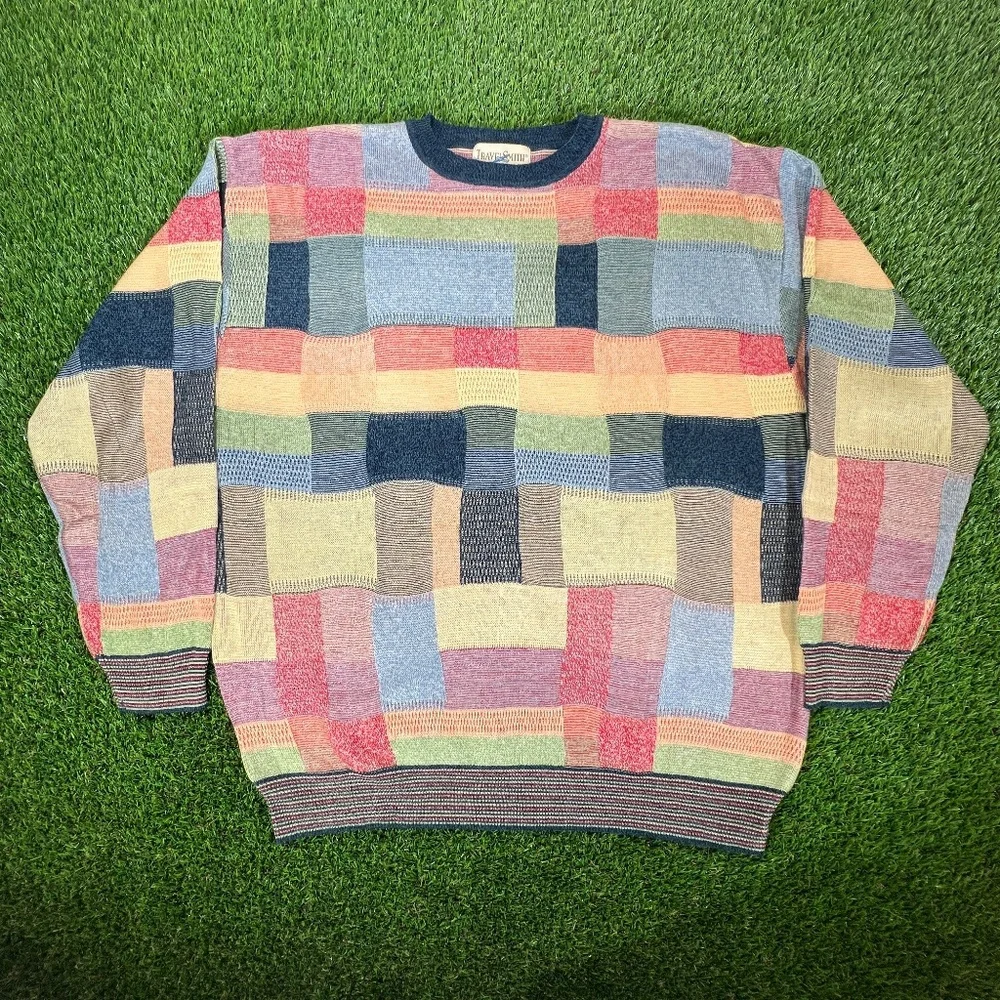 Vintage Patchwork 3D Knit Sweater Men's XL Colorful Pattern Preppy Retro 90's - Picture 1 of 5